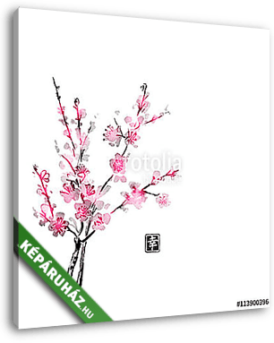 Sakura virágban. A hagyományos japán festékfestés sumi-e. Con - vászonkép 3D látványterv