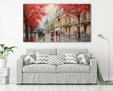 Budapest utcakép őszi esős időben esernyővel sétáló emberekkel 1. (festmény effekt) (vászonkép) - vászonkép, falikép otthonra és irodába