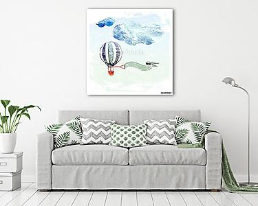 Csíkos hőlégballon a felhőhatáron (vászonkép) - vászonkép, falikép otthonra és irodába