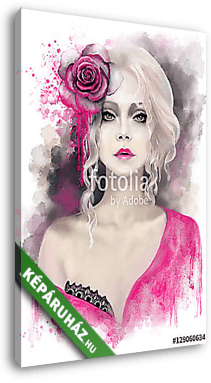 gyönyörű nő, szőke göndör hajjal, akvarell festéssel, spl - vászonkép 3D látványterv