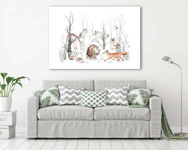 Erdei állatok a téli erdőben grafika (vászonkép) - vászonkép, falikép otthonra és irodába