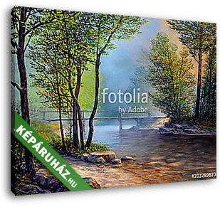 Színes nyári erdő,  folyó híddal (olajfestmény reprodukció) - vászonkép 3D látványterv