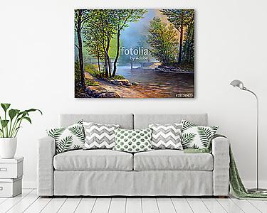 Színes nyári erdő,  folyó híddal (olajfestmény reprodukció) (vászonkép) - vászonkép, falikép otthonra és irodába