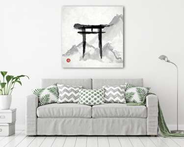 Torii kapuk és hegyek kézzel húzott tintával i (vászonkép) - vászonkép, falikép otthonra és irodába