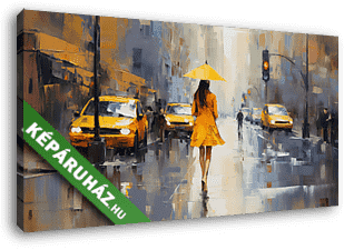 New York-i utca elegáns nővel esernyővel és sárga taxikkal (festmény effekt) - vászonkép 3D látványterv