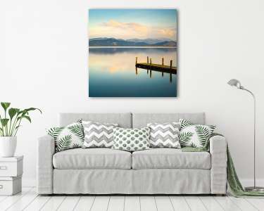 Fa móló vagy móló és egy kék tó naplemente és ég tükörképe (vászonkép) - vászonkép, falikép otthonra és irodába