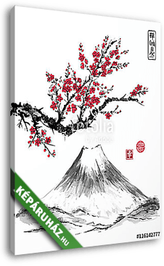 Oriental sakura cseresznyefa virágban és Fujiyama hegyen  - vászonkép 3D látványterv