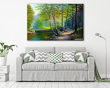 Színes nyári erdő, gyönyörű folyó (olajfestmény reprodukció) (vászonkép) - vászonkép, falikép otthonra és irodába