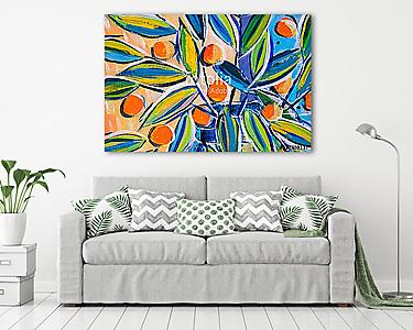 Details of acrylic paintings showing colour, textures and techniques. Expressionistic leaves and orange berries. (vászonkép) - vászonkép, falikép otthonra és irodába