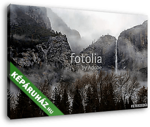 A fog rolls over Upper Yosemite Falls in Yosemite National Park, - vászonkép 3D látványterv