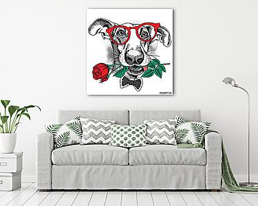 Portrait of a funny dog in glasses and tie with red rose. Vector (vászonkép) - vászonkép, falikép otthonra és irodába