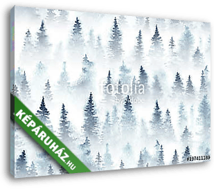 Seamless pattern of watercolor spruce forest in the fog. - vászonkép 3D látványterv