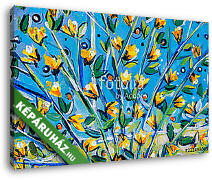 Details of acrylic paintings showing colour, textures and techniques. Expressionistic  tree branches with yellow spring blossom. - vászonkép 3D látványterv