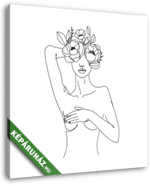 Félmeztelen nő virágokkal a fején (vonalrajz, line art) - vászonkép 3D látványterv
