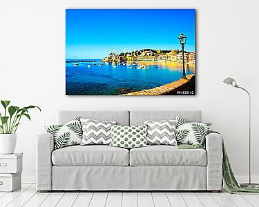 Sestri Levante, csendes öböl tengeri kikötő, utcai lámpa és stra (vászonkép) - vászonkép, falikép otthonra és irodába