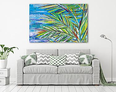 Details of acrylic paintings showing colour, textures and techniques.  Expressionistic palm tree foliage and blue sea background (vászonkép) - vászonkép, falikép otthonra és irodába