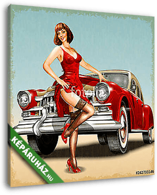 Pin-up girl and retro car isolated on vintage background	 - vászonkép 3D látványterv