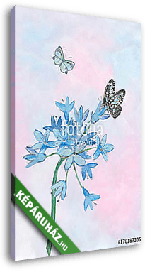 Watercolor Butterflies with a bunch on blue flowers. - vászonkép 3D látványterv
