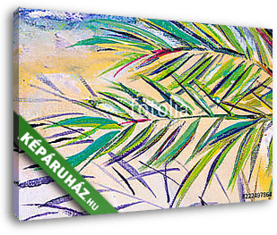 Details of acrylic paintings showing colour, textures and techniques.  Expressionistic palm tree foliage and a sandy beach backg - vászonkép 3D látványterv