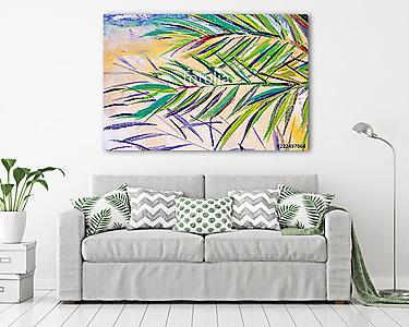 Details of acrylic paintings showing colour, textures and techniques.  Expressionistic palm tree foliage and a sandy beach backg (vászonkép) - vászonkép, falikép otthonra és irodába