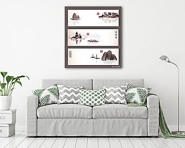 Bannerek halászhajókkal és szigetekkel vintage stílusban. tradit (vászonkép) - vászonkép, falikép otthonra és irodába