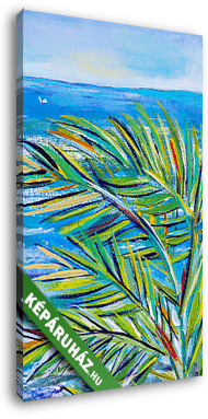 Details of acrylic paintings showing colour, textures and techniques.  Expressionistic palm tree foliage and blue sea horizon ba - vászonkép 3D látványterv