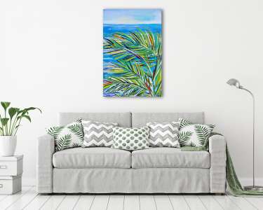 Details of acrylic paintings showing colour, textures and techniques.  Expressionistic palm tree foliage and blue sea horizon ba (vászonkép) - vászonkép, falikép otthonra és irodába