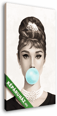 Audrey Hepburn kék rágógumit fúj, színes (2:3 arány)  - vászonkép 3D látványterv
