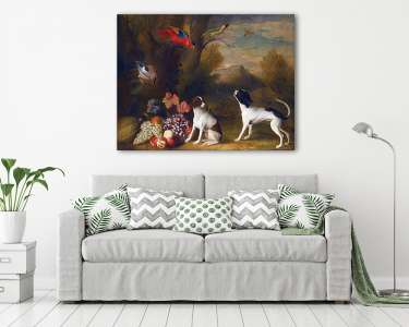 Tájkép egzotikus madarakkal és két kutyával (színverzió 1) (vászonkép) - vászonkép, falikép otthonra és irodába