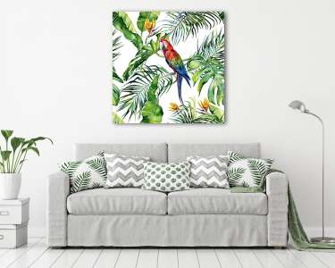 Trópusi levelek papgájjal (vászonkép) - vászonkép, falikép otthonra és irodába