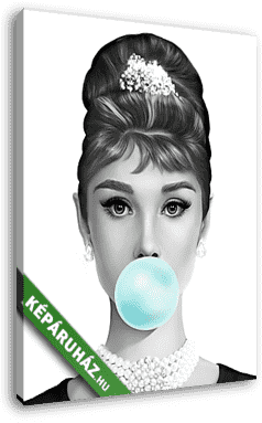 Audrey Hepburn kék rágógumit fúj, fekete-fehér (4:5 arány)  - vászonkép 3D látványterv