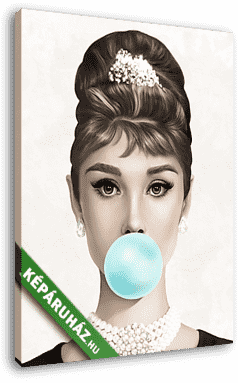 Audrey Hepburn kék rágógumit fúj, színes (4:5 arány)  - vászonkép 3D látványterv