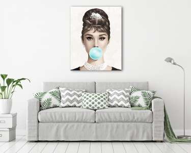 Audrey Hepburn kék rágógumit fúj, színes (4:5 arány)  (vászonkép) - vászonkép, falikép otthonra és irodába