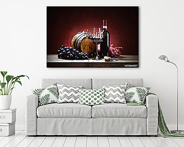 Vörösboros pohár szőlőtörmelékkel, palackkal és kis hordóval (vászonkép) - vászonkép, falikép otthonra és irodába