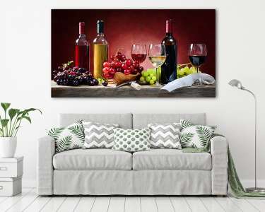 Piros, rozé és fehérbor, szőlőfürtökkel (vászonkép) - vászonkép, falikép otthonra és irodába