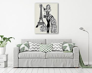 Fekete-fehér illusztráció a divat nő közelében Eiffel-torony  (vászonkép) - vászonkép, falikép otthonra és irodába