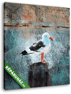 Seagull At The Dock - Acrylic painting of a seagull standing on a wooden dock post. - vászonkép 3D látványterv