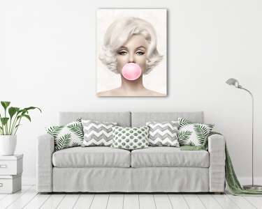 Marilyn Monroe rózsaszín rágógumit fúj, színes (4:5 arány) (vászonkép) - vászonkép, falikép otthonra és irodába