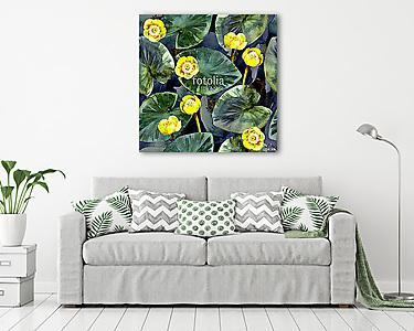 Seamless watercolor pattern of yellow water lilies and leaves. (vászonkép) - vászonkép, falikép otthonra és irodába