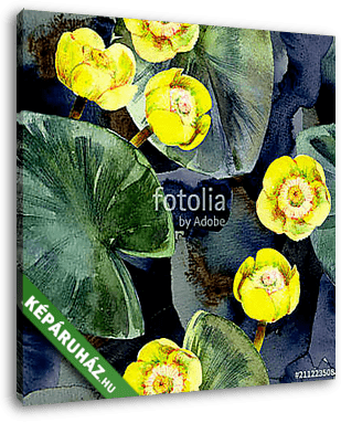 Seamless watercolor pattern of yellow water lilies and leaves. - vászonkép 3D látványterv