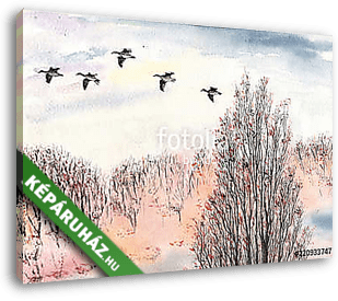 Őszi táj madarakkal akvarell - vászonkép 3D látványterv