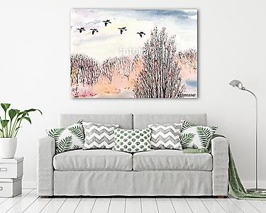 Őszi táj madarakkal akvarell (vászonkép) - vászonkép, falikép otthonra és irodába