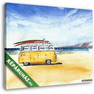 Sárga hippi busz a tengerparton - vászonkép 3D látványterv