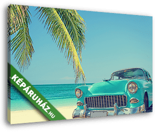 Klasszikus autó egy trópusi tengerparton pálmafával, szüreteléss - vászonkép 3D látványterv