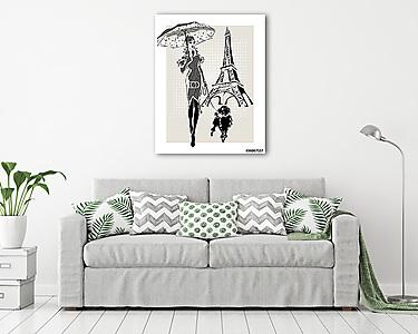 illusztráció Divat nő közelében Eiffel-torony kis kutya (vászonkép) - vászonkép, falikép otthonra és irodába