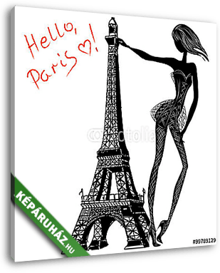 Hello, Párizs. Divat lány az Eiffel-torony közelében - vászonkép 3D látványterv