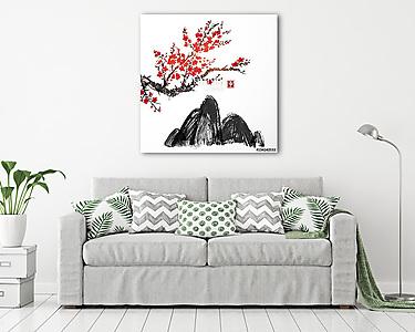 Sakura cseresznyefa virágban és fekete dombokban. Hagyományos or (vászonkép) - vászonkép, falikép otthonra és irodába