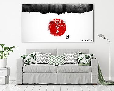 Absztrakt fekete festékfestés és vörös nap kelet-ázsiai stílusba (vászonkép) - vászonkép, falikép otthonra és irodába