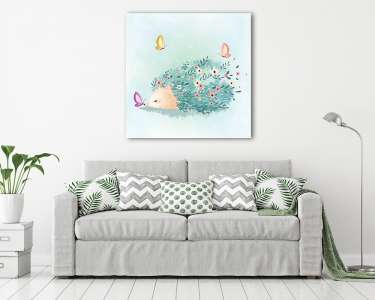 Akvarell erdei állatok - Süni pillangókkal (vászonkép) - vászonkép, falikép otthonra és irodába