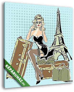 Gyönyörű pin-up nő ül a bőröndök közelében Eiffel Tower Pa - vászonkép 3D látványterv